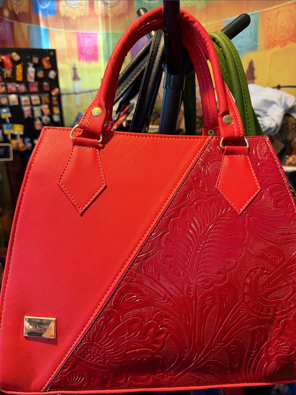 Chic Red Embossed Satchel -
